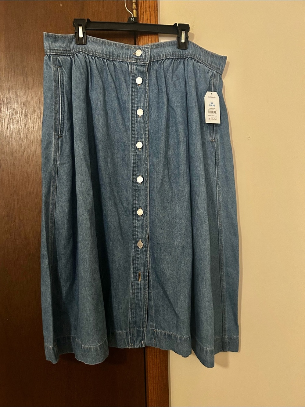 Time and Tru Blue Button-Front Denim Midi Skirt